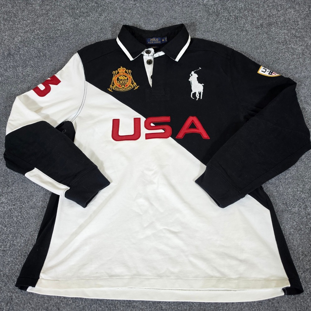 Polo Ralph Lauren Mens XL Custom Fit Rugby Shirt Black White USA Big Pony 3